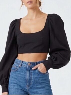 naked wardrobe Black Square-Neck Puff-Sleeve Crop Top